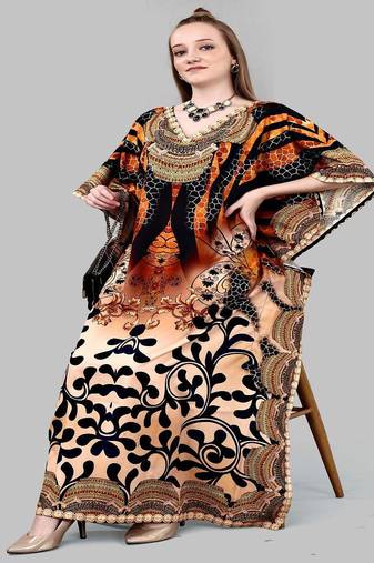 Multicolor digital printed stone work polyester crepe kaftan full- stitched - free size 