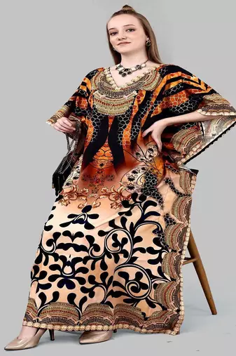 Multicolor digital printed stone work polyester crepe kaftan full- stitched - free size 