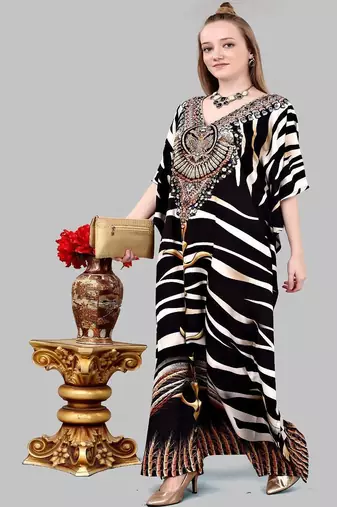Multicolor digital printed stone work polyester crepe kaftan full- stitched - free size 