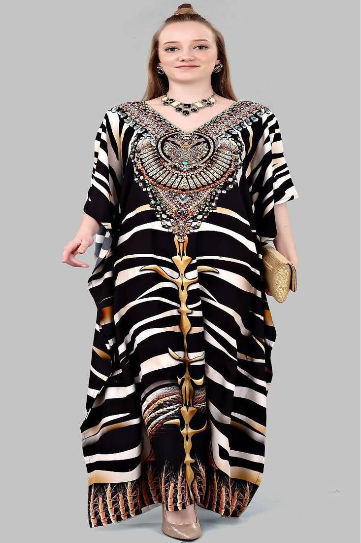 Multicolor digital printed stone work polyester crepe kaftan full- stitched - free size 