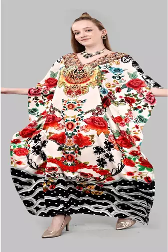 Multicolor digital printed stone work polyester crepe kaftan full- stitched - free size 