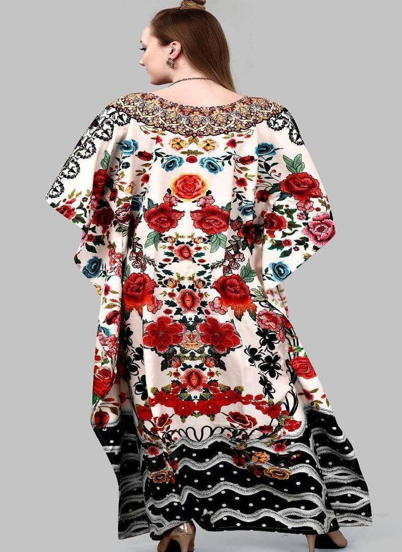 Multicolor digital printed stone work polyester crepe kaftan full- stitched - free size 
