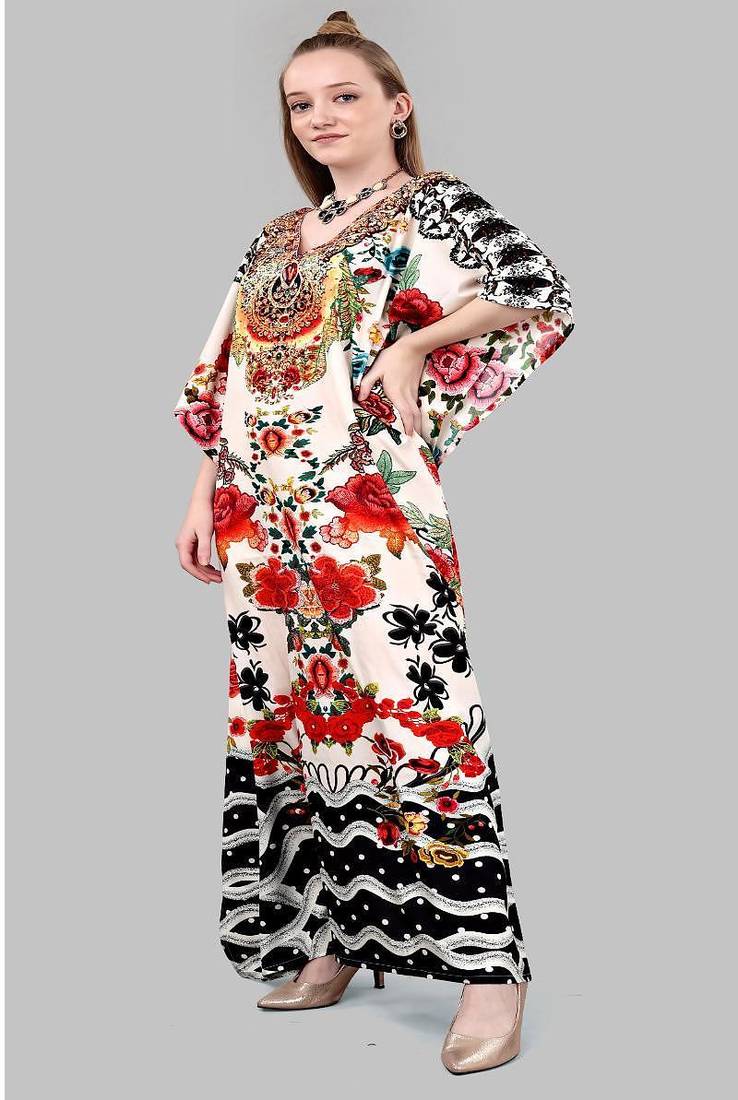 Multicolor digital printed stone work polyester crepe kaftan full- stitched - free size 