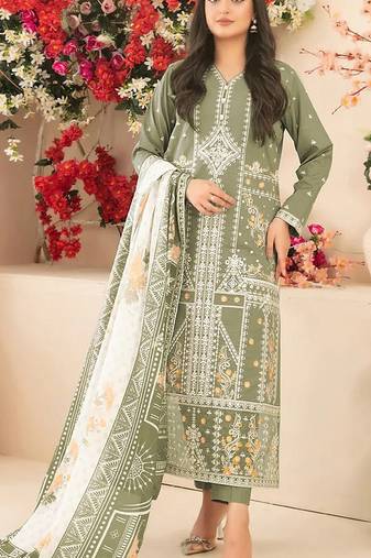 Green embroidered cotton semi-stitched pakistani salwar suit