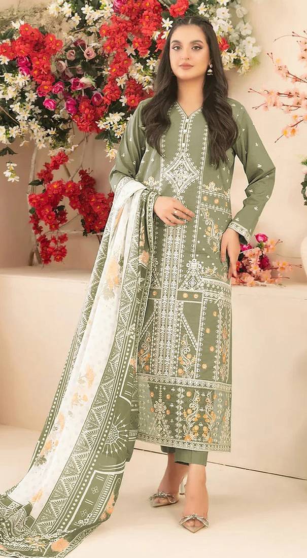 Green embroidered cotton semi-stitched pakistani salwar suit