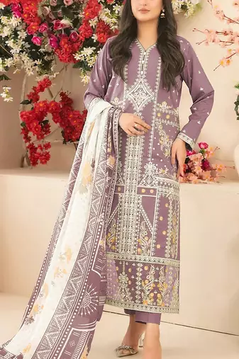 Mauve embroidered cotton semi-stitched pakistani salwar suit