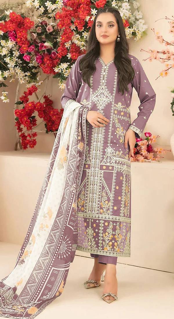 Mauve embroidered cotton semi-stitched pakistani salwar suit