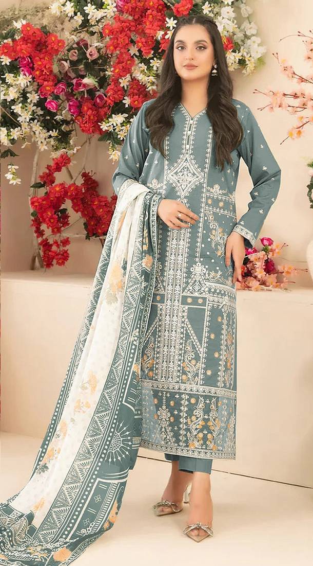 Light green embroidered cotton semi-stitched pakistani salwar suit