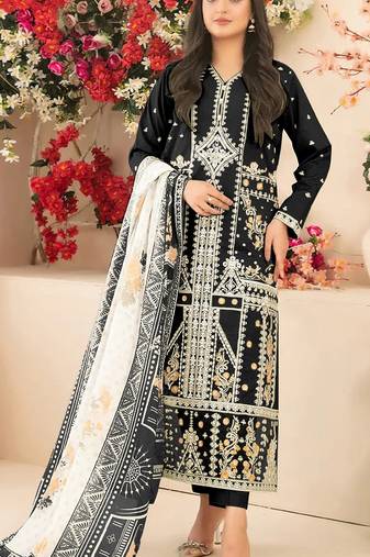 Black embroidered cotton semi-stitched pakistani salwar suit