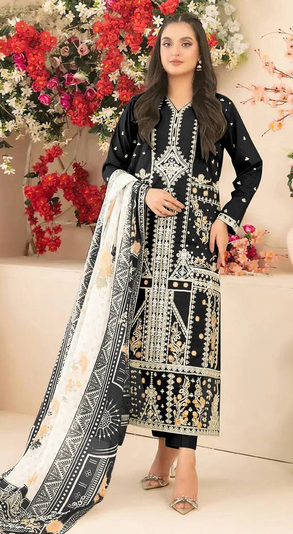 Black embroidered cotton semi-stitched pakistani salwar suit