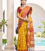 Yellow & orange pochampalli soft silk blend saree with traditional ikat pallu sari