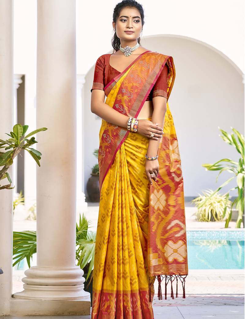 Yellow & orange pochampalli soft silk blend saree with traditional ikat pallu sari