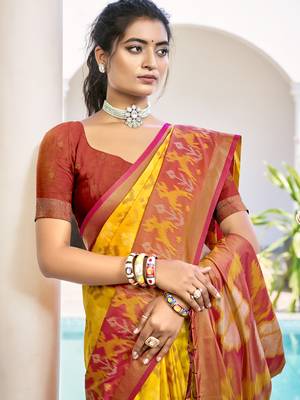 Yellow & orange pochampalli soft silk blend saree with traditional ikat pallu saree 2