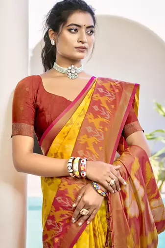 Yellow & orange pochampalli soft silk blend saree with traditional ikat pallu saree