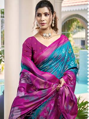 Sky blue & magenta pochampalli soft silk blend saree with traditional ikat pallu saree 2