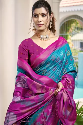 Sky blue & magenta pochampalli soft silk blend saree with traditional ikat pallu saree