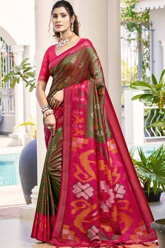Olive green pochampalli soft silk blend saree with traditional ikat pallu sari