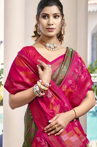 Olive green pochampalli soft silk blend saree with traditional ikat pallu saree