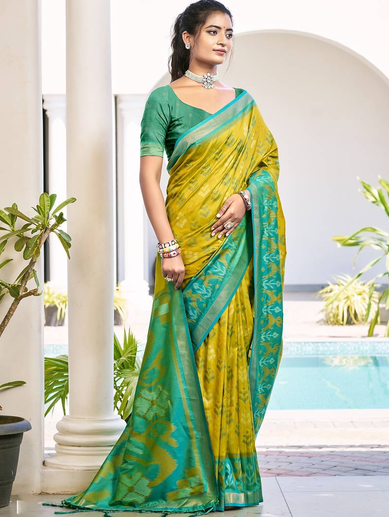 Mustard yellow & green pochampalli soft silk blend saree with traditional ikat pallu sari
