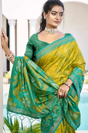 Mustard yellow & green pochampalli soft silk blend saree with traditional ikat pallu saree