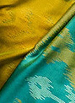 Mustard yellow & green pochampalli soft silk blend saree with traditional ikat pallu saree 3