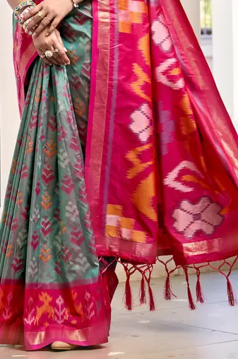 Grey & red pochampalli soft silk blend saree with traditional ikat pallu saree