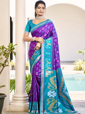 Violet & sky blue pochampalli soft silk blend saree with traditional ikat pallu saree 1