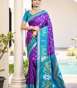 Violet & sky blue pochampalli soft silk blend saree with traditional ikat pallu sari