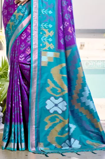Violet & sky blue pochampalli soft silk blend saree with traditional ikat pallu saree
