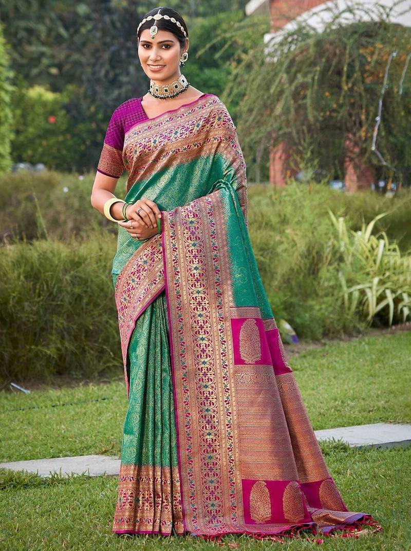 Majestic rama green kanjivaram silk blend saree | bridal heritage collection | limited edition