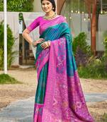 Teal blue pochampalli silk blend saree for women | wedding & festive wear saree