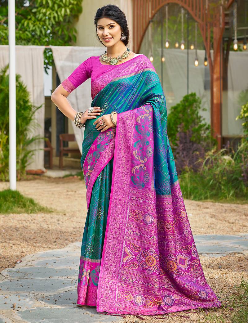 Teal blue pochampalli silk blend saree for women | wedding & festive wear saree
