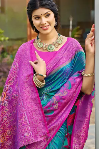 Teal blue pochampalli silk blend saree for women 