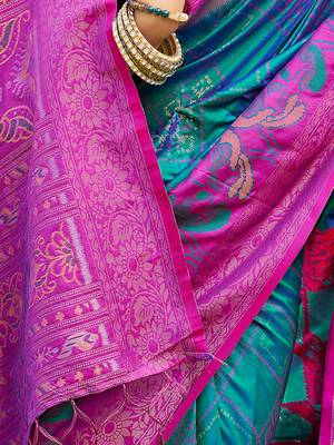 Teal blue pochampalli silk blend saree for women  4