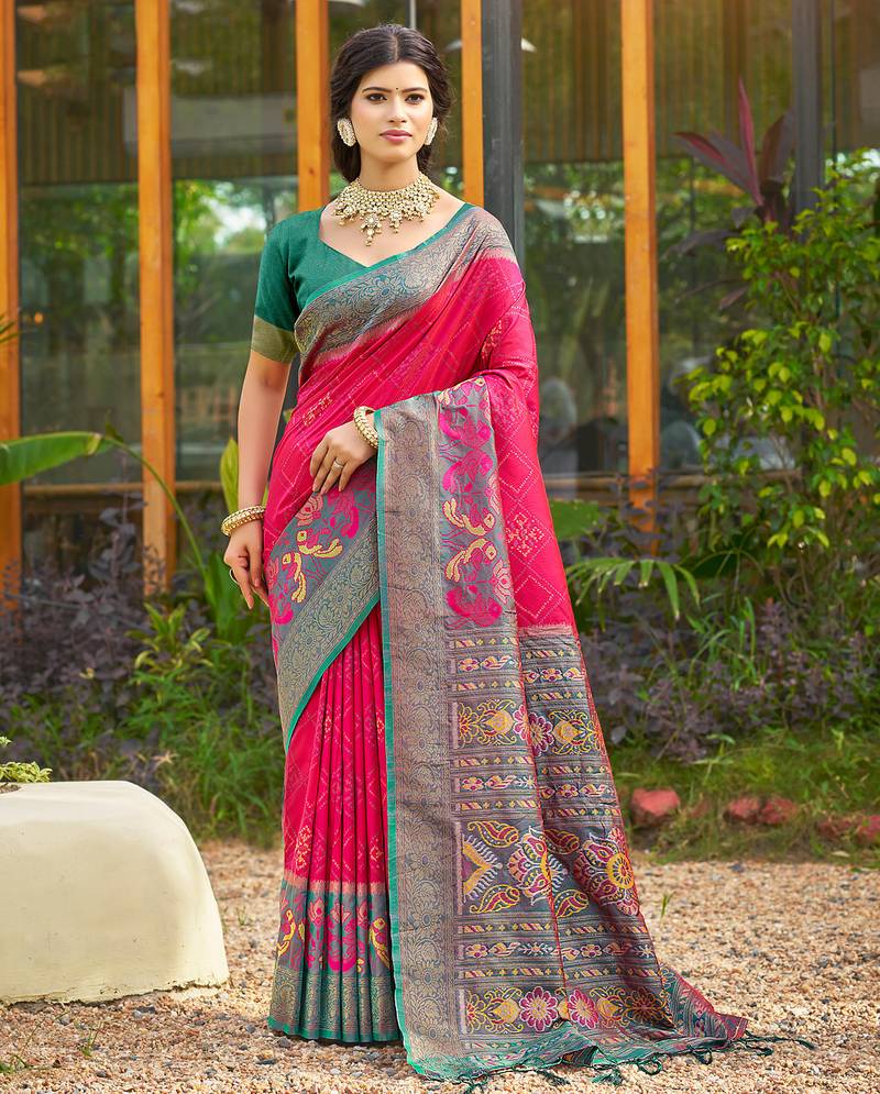 Pink pochampalli silk blend saree for women | wedding & festive wear saree