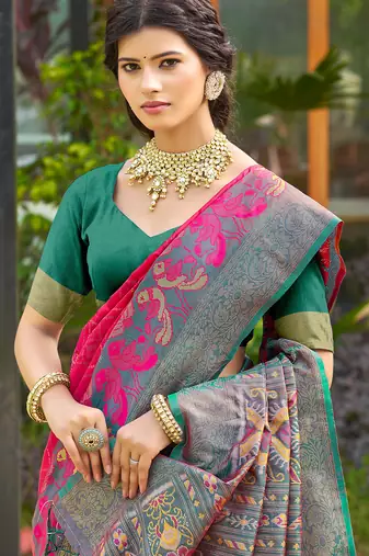 Pink pochampalli silk blend saree for women 