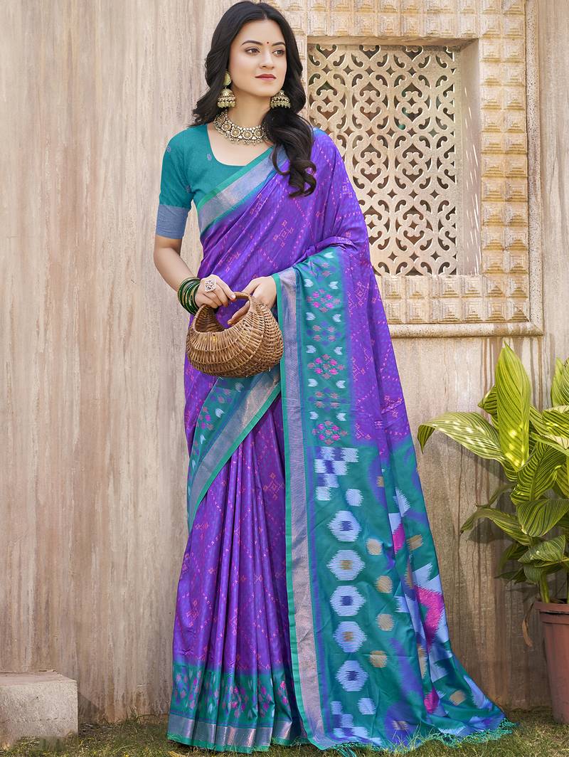 Violet pochampalli soft silk blend saree with traditional ikat woven pallu