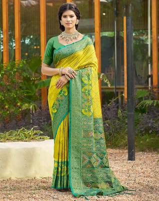 Yellow pochampalli silk blend saree for women  1