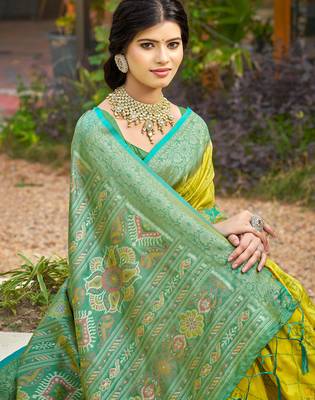 Yellow pochampalli silk blend saree for women  2