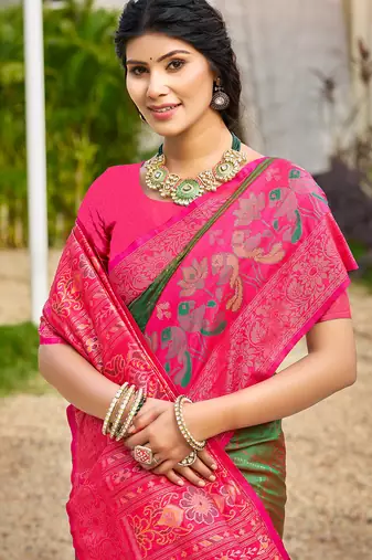 Green pochampalli silk blend saree for women 