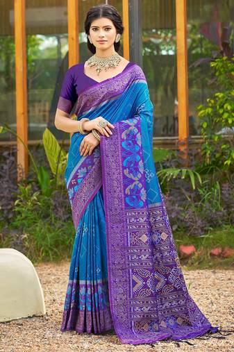 Blue pochampalli silk blend saree for women | wedding & festive wear saree