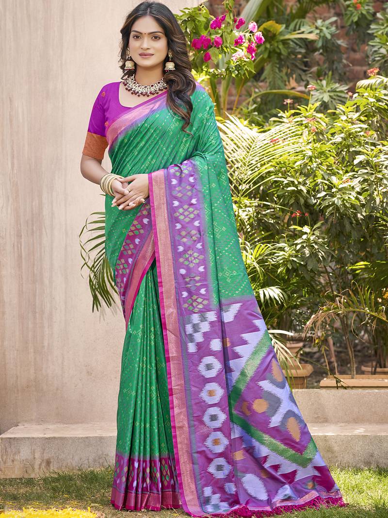 Sea green & violet pochampalli soft silk blend saree with traditional ikat woven pallu