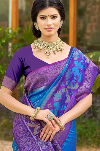Blue pochampalli silk blend saree for women 