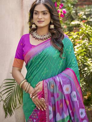 Sea green & violet pochampalli soft silk blend saree with traditional ikat woven pallu 2