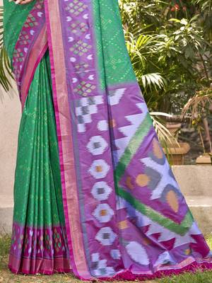 Sea green & violet pochampalli soft silk blend saree with traditional ikat woven pallu 3