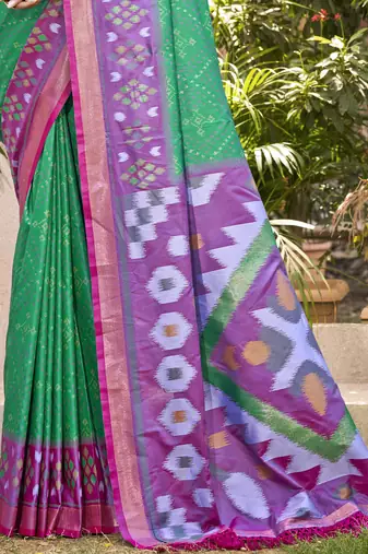 Sea green & violet pochampalli soft silk blend saree with traditional ikat woven pallu