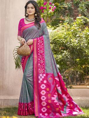Grey & magenta pochampalli soft silk blend saree with traditional ikat woven pallu 1