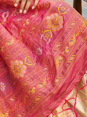 Cream pochampalli silk blend saree for women  4