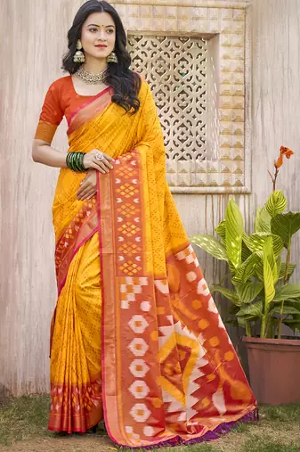 Yellow & red pochampalli soft silk blend saree with traditional ikat woven pall