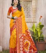 Yellow & red pochampalli soft silk blend saree with traditional ikat woven pall